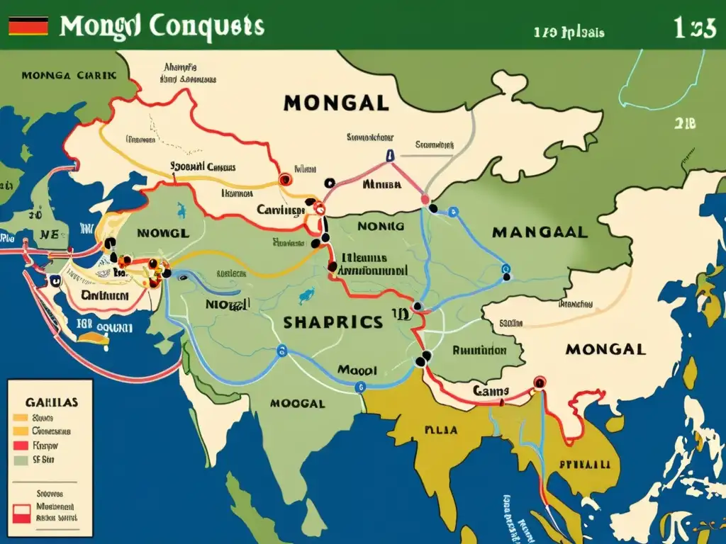 Detallado mapa de rutas y estrategias de conquista mongola con ilustraciones de tácticas de saqueo y pillaje