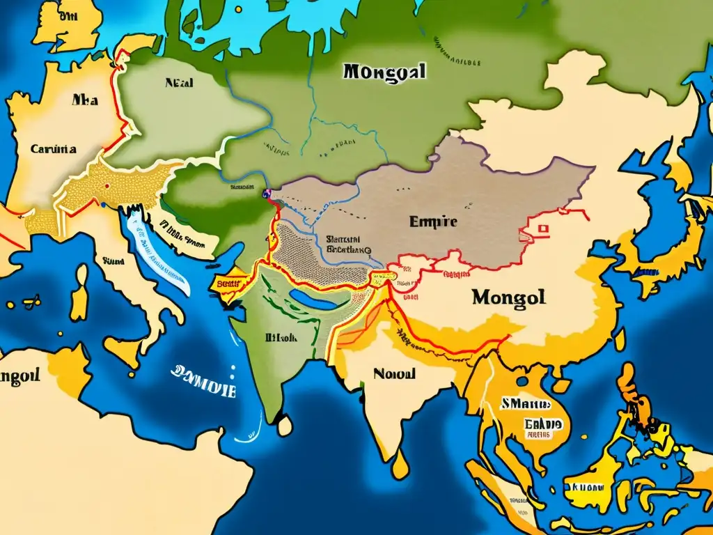 Detallado mapa del vasto Imperio Mongol en su apogeo, destacando sus estrategias diplomáticas y expansión territorial en Asia y Europa