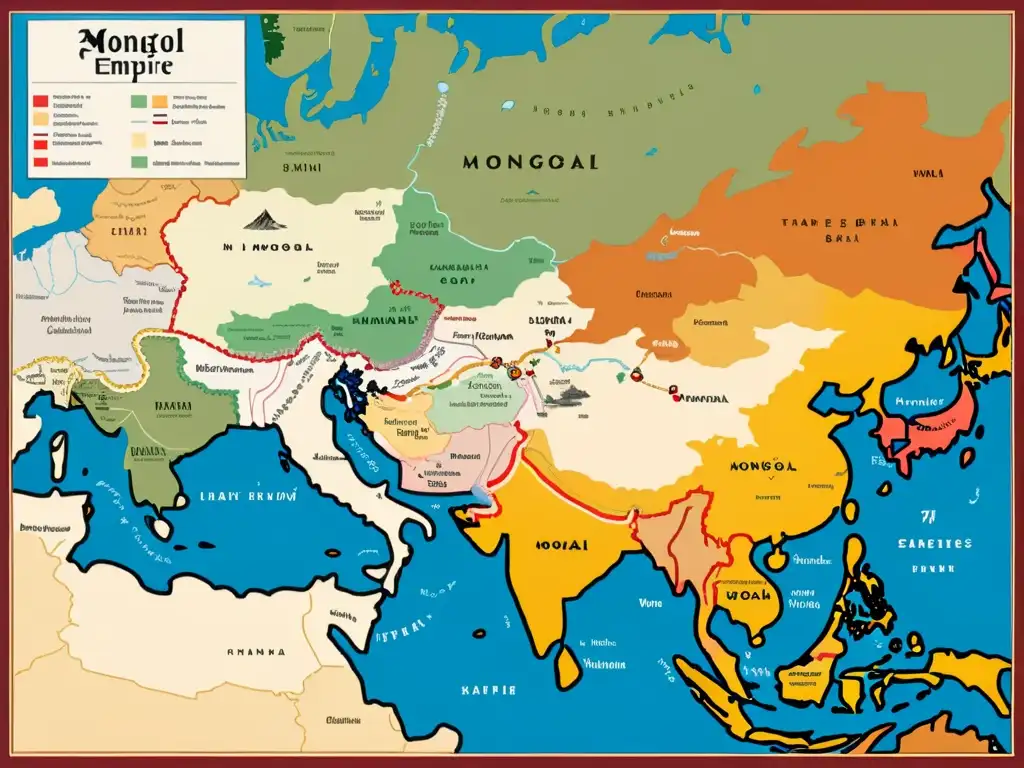 Detallado mapa 8k del vasto Imperio Mongol, con alianzas y conflictos meticulosamente representados