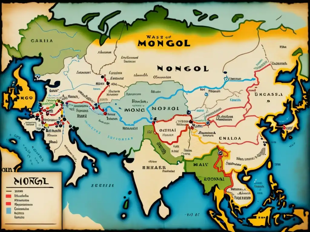 Detallado mapa del vasto Imperio Mongol, con territorios conquistados, rutas comerciales y puestos militares