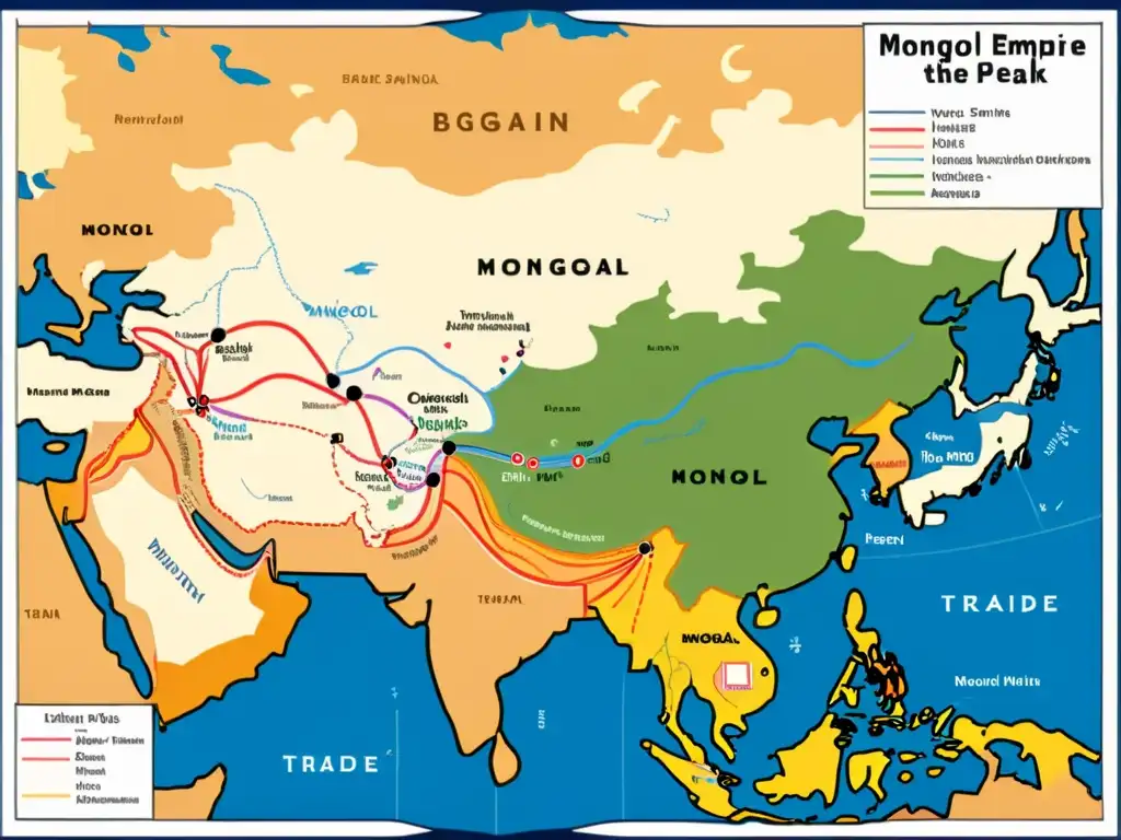 Detallado mapa del vasto Imperio Mongol en su apogeo, ilustrando la globalización y la interconexión de rutas comerciales como la Ruta de la Seda