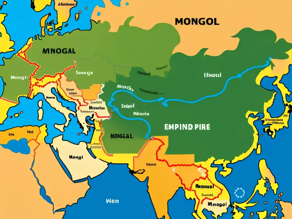 Detallado mapa del vasto Imperio Mongol, con alianzas estratégicas e influencias, enriquecido con etiquetas en inglés y español