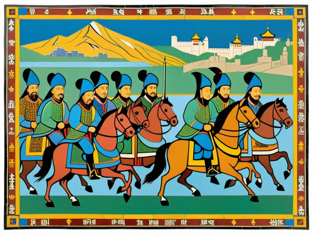 Detallado mosaico del Imperio Mongol liderando su huella en Europa, con colores vibrantes y patrones intrincados