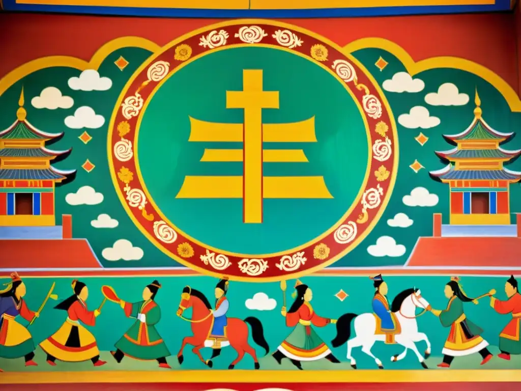 Detallado mural en templo mongol, con colores vibrantes y símbolos culturales