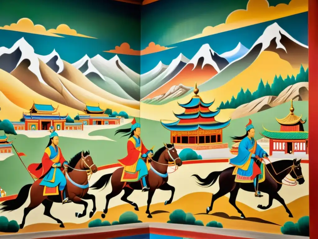 Detallado mural en templo mongol: escenas de vida nómada, guerreros a caballo y paisajes