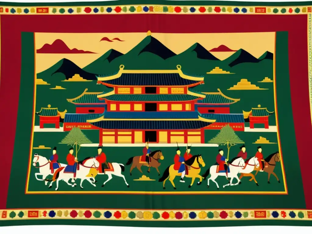 Detallado tapiz mongol de la dinastía Yuan, con artesanos trabajando en un paisaje tradicional