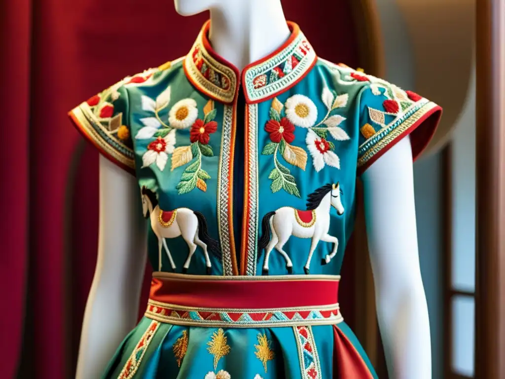 Detallado vestido de alta costura con bordado mongol de lujo contemporáneo en maniquí