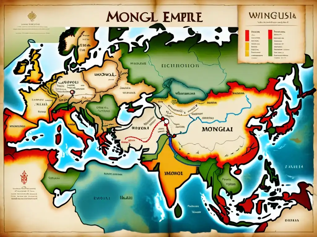 Detalle en alta resolución de un antiguo mapa del Imperio Mongol, con fronteras e influencias culturales claramente visibles