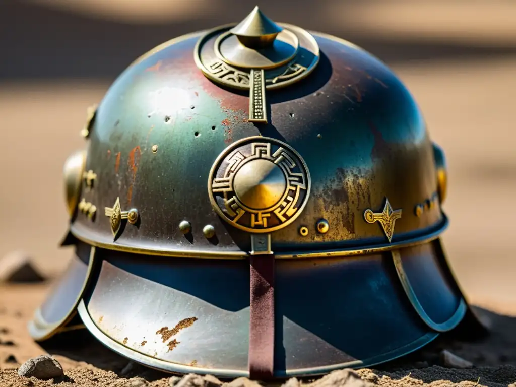 Detalle de un antiguo casco de guerra Mongol, con símbolos de poder y conquista