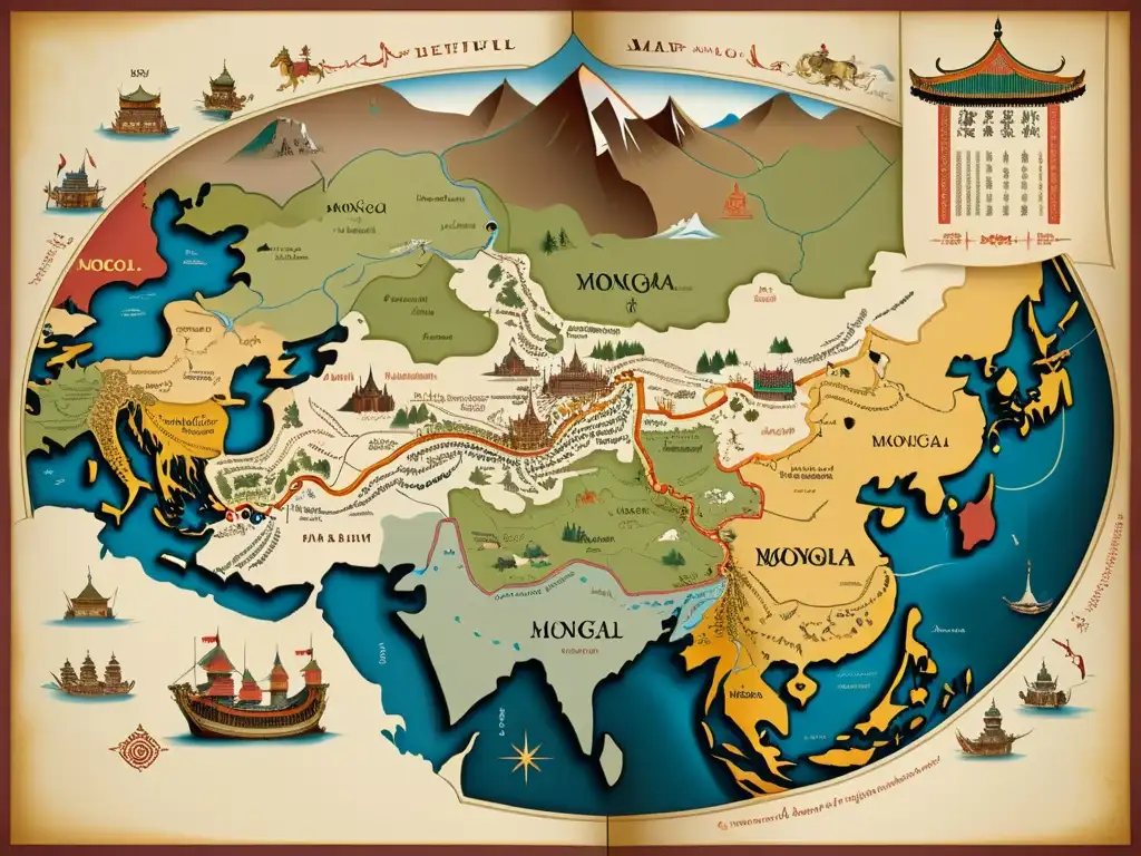 Detalle de un antiguo mapa medieval del Imperio Mongol, legado cartográfico del Imperio Mongol