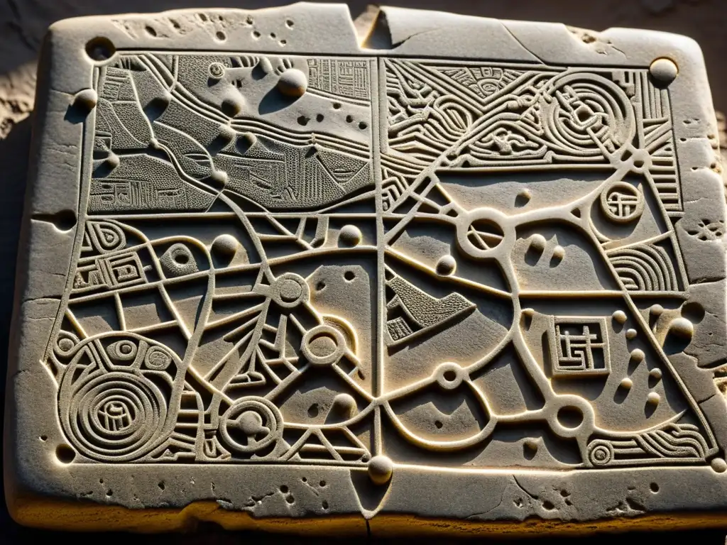 Detalle de antiguo mapa en piedra de red de espionaje mongol, con artefactos antiguos y documentos que evocan misterio e intriga