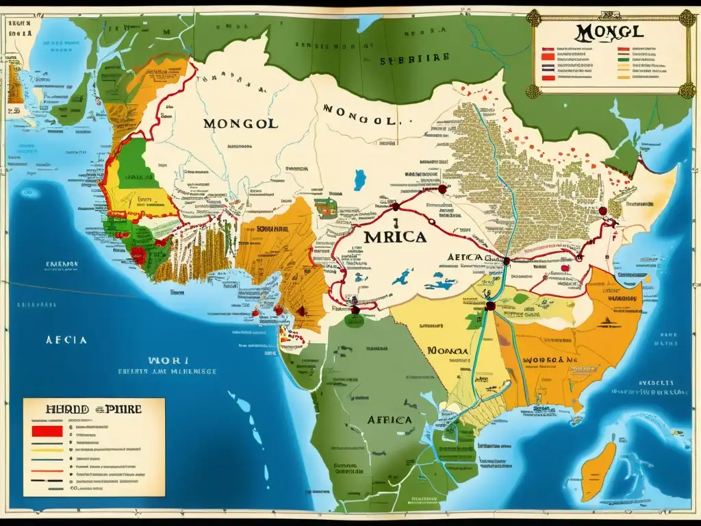 Detalle de un antiguo mapa del siglo XIV que muestra la extensa influencia del Imperio Mongol en África, con rutas comerciales y conquistas destacadas