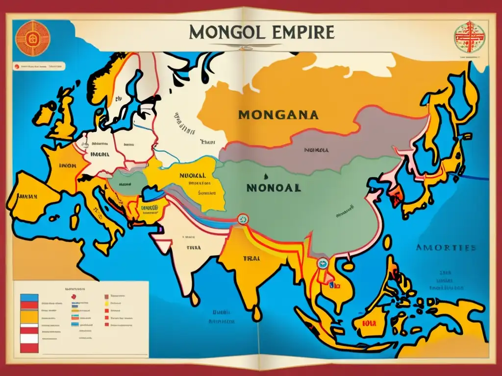 Detalle de antiguo mapa del vasto Imperio Mongol, con alianzas diplomáticas y estratégicos matrimonios mongólicos para la paz