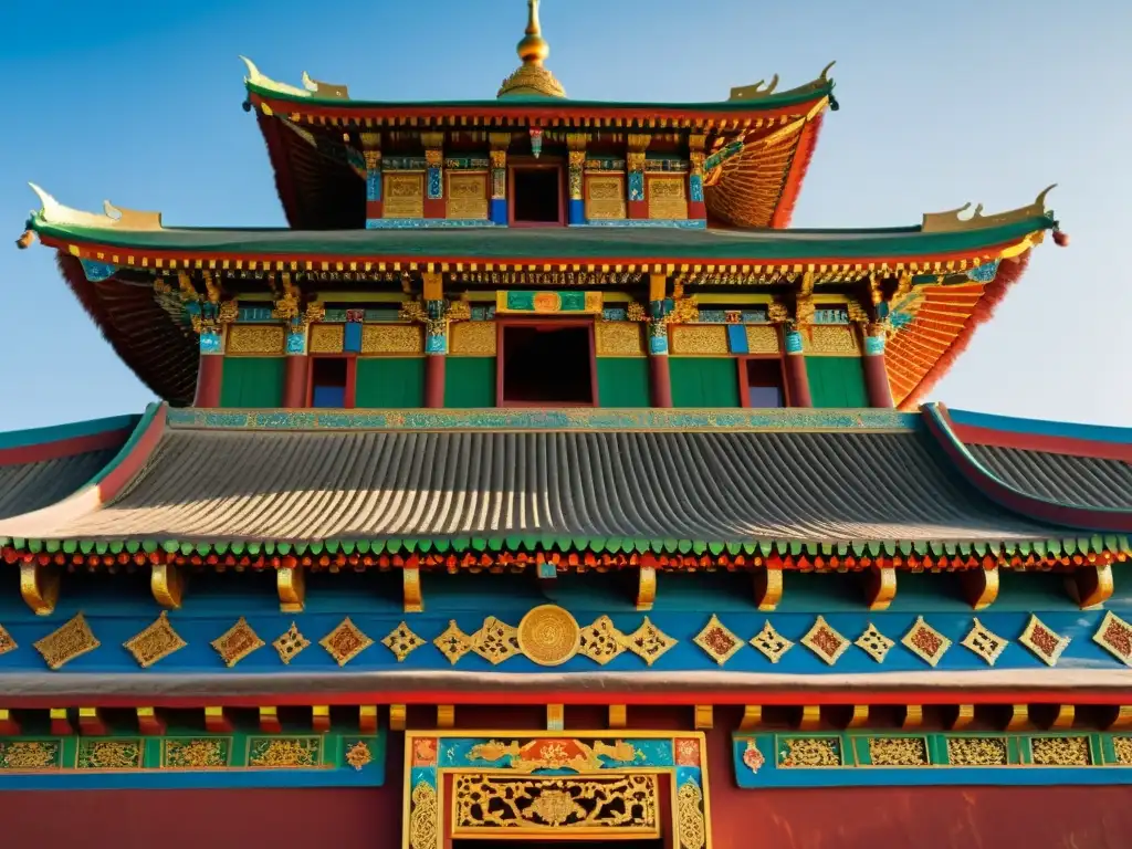 Detalle de la arquitectura y arte de la religión en el monasterio Erdene Zuu en Kharkhorin, Mongolia, con monjes y paisaje impresionante