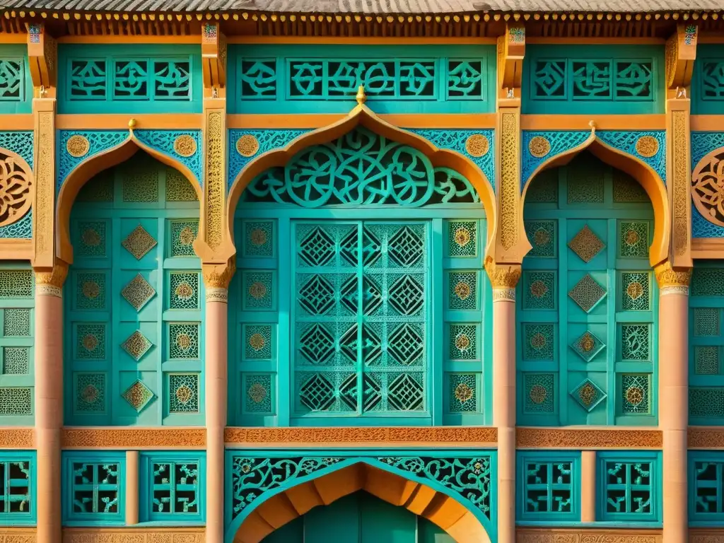 Detalle de la arquitectura Uighur en Imperio Mongol: Intrincados diseños geométricos y colores vibrantes en una mezquita histórica