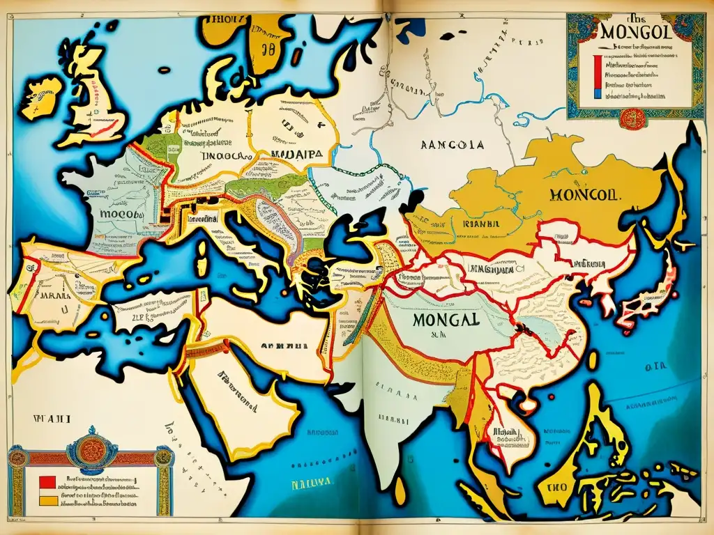 Detalle asombroso de un antiguo mapa medieval del vasto Imperio Mongol, con ciudades, rutas comerciales y alianzas con reinos europeos