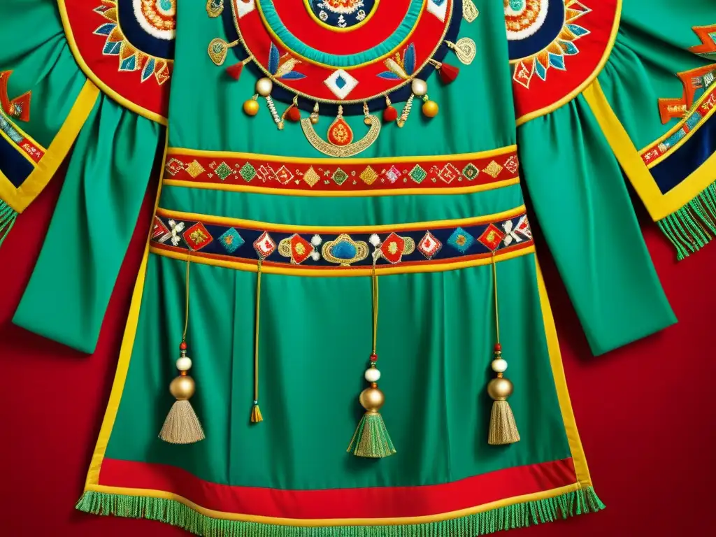 Detalle de un atuendo chamánico mongol con colores vibrantes y motivos simbólicos, capturando la esencia y significado cultural