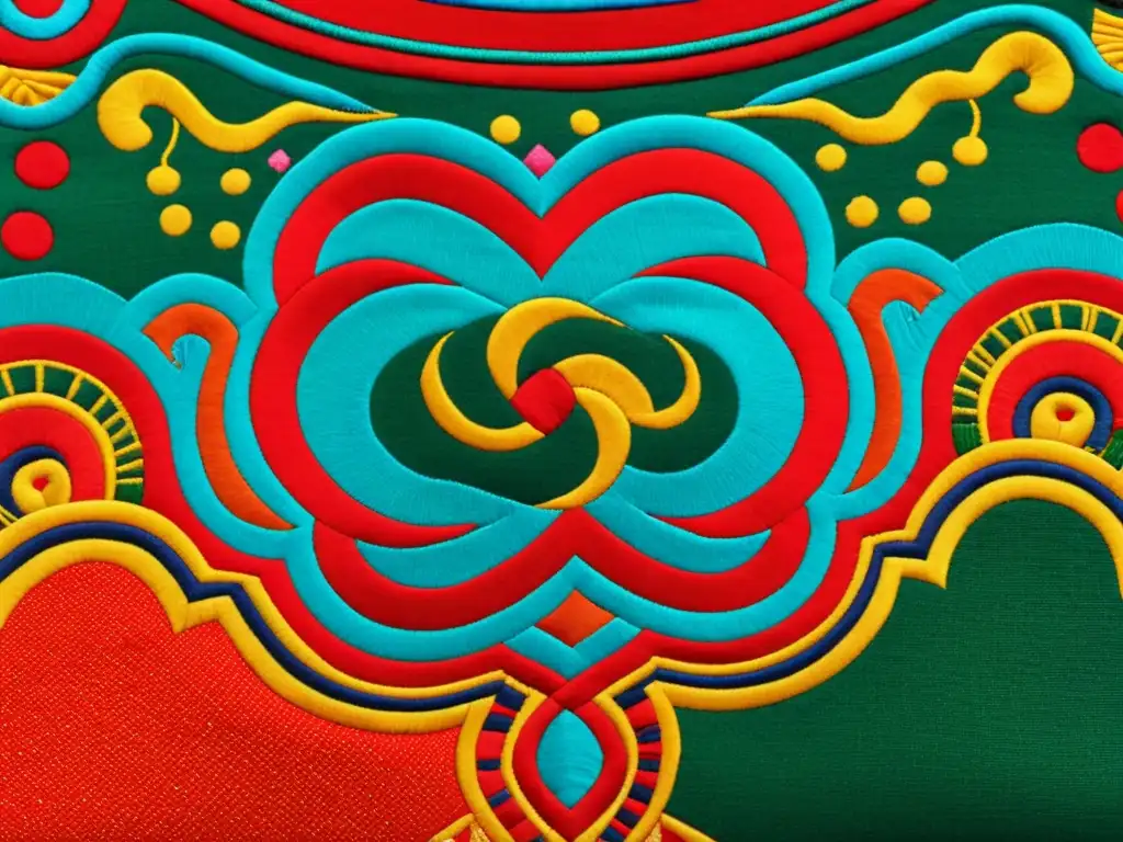 Detalle de bordado en textil mongol con vibrantes colores y motivos tradicionales mongoles en primer plano