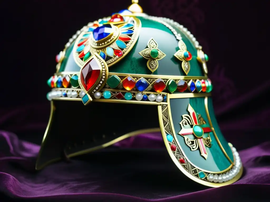 Detalle de un casco de guerrero mongol con intrincados adornos de metal y piedras semipreciosas, sobre fondo de terciopelo oscuro