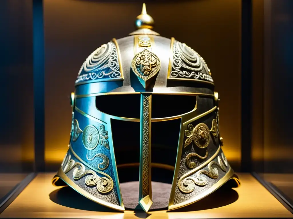 Detalle de un casco de guerrero mongol, una obra de arte inspirada en el Imperio Mongol, exhibido en un museo con iluminación tenue