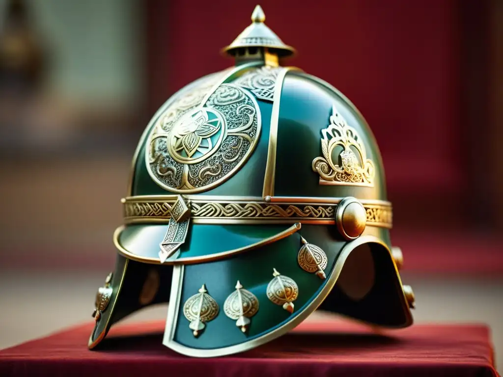 Detalle de un casco militar mongol bien conservado, destacando la artesanía y la importancia histórica de la tecnología militar del Imperio Mongol