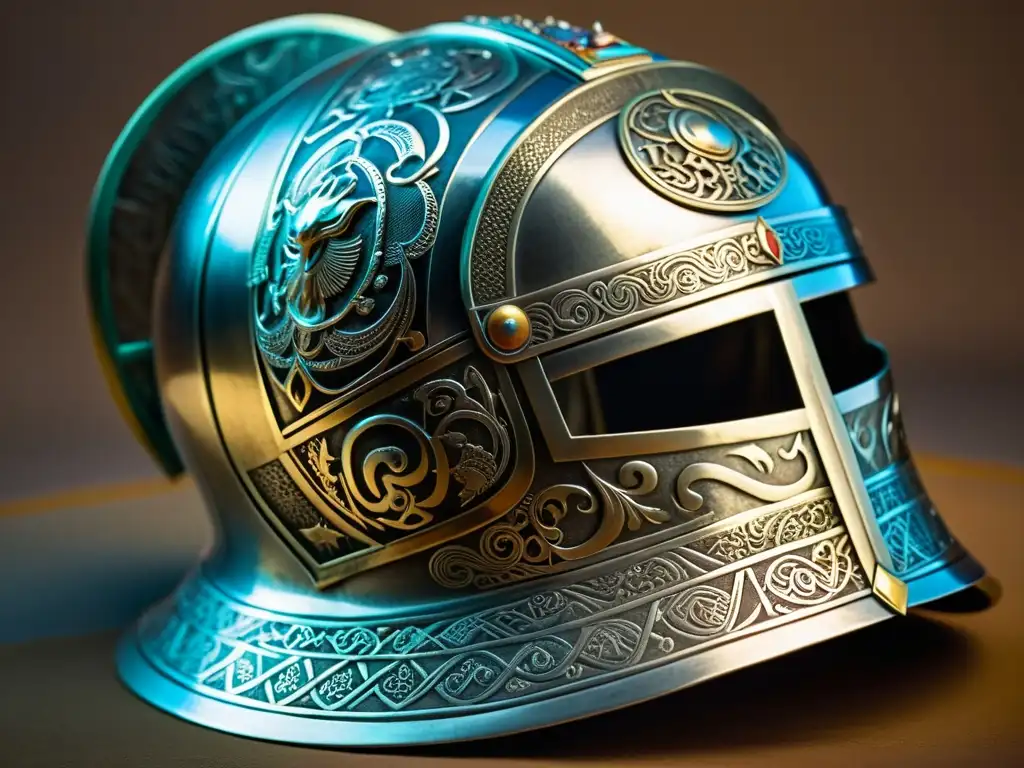 Detalle de un casco de plata mongol antiguo con grabados de criaturas míticas