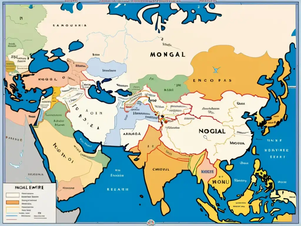 Detalle colorido del mapa del Imperio Mongol en su apogeo, con fronteras definidas y ciudades clave etiquetadas, mostrando su vasta extensión por Asia, Europa y Oriente Medio, evocando su importancia histórica y cultural