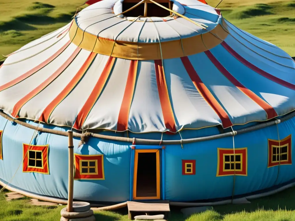 Yurta mongola: belleza y tradición en las estepas Detalle colorido de una yurta mongola, en paisaje de praderas, evocando el legado cultural y las leyes mongolas