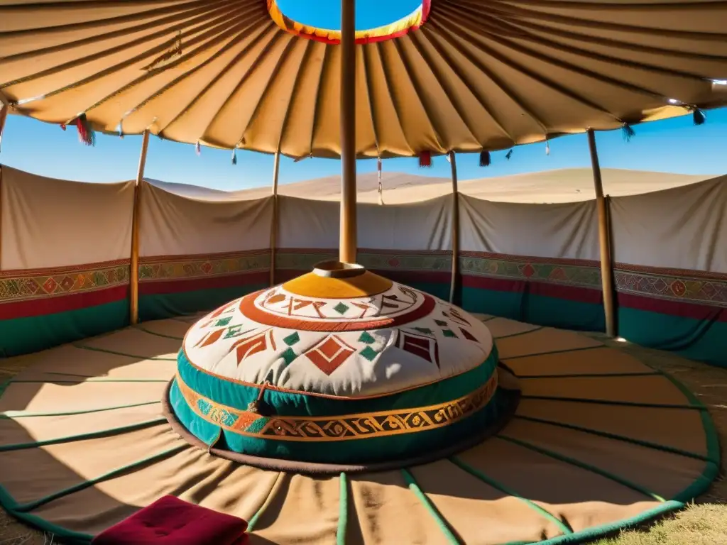 Detalle de una yurta mongola bien conservada, con tejidos coloridos y detalles de madera