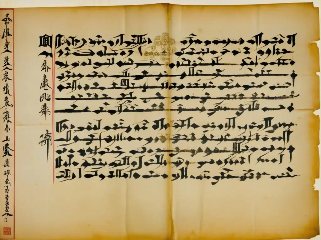 Detalle de documento histórico en mongol mostrando la importancia de mujeres en el Imperio Mongol, con ilustraciones y caligrafía detallada