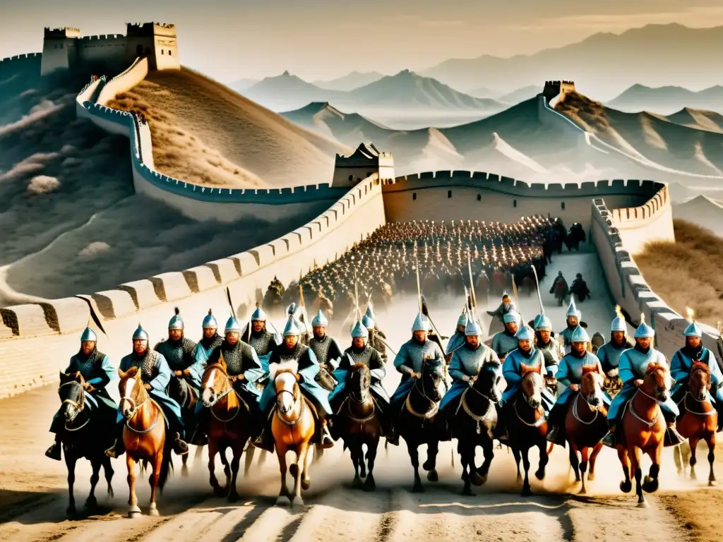 Detalle de la expansión mongola hacia el Este, con el ejército de Genghis Khan cabalgando por las extensas llanuras de China, la Gran Muralla al fondo