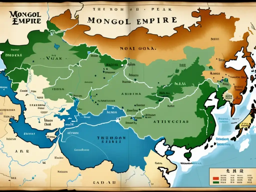 Detalle envejecido de un mapa del extenso Imperio Mongol en su máxima expansión, mostrando la fragmentación en regiones más pequeñas