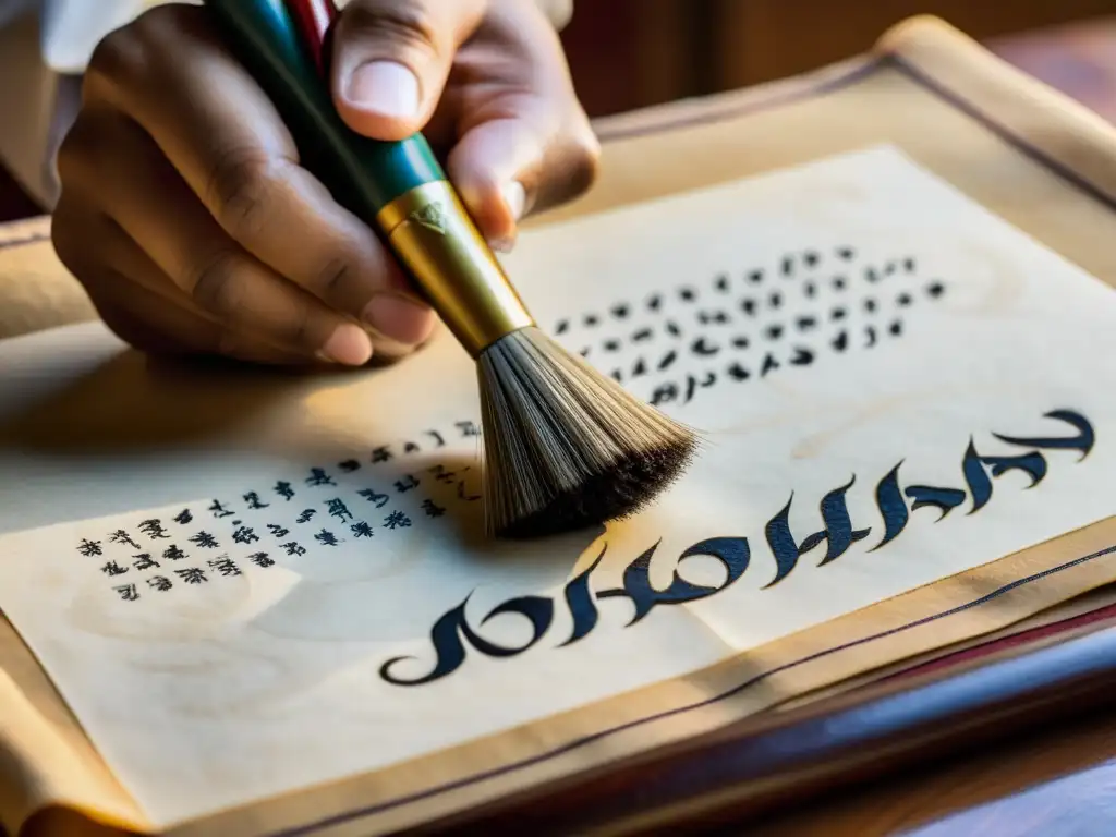 Caligrafía Mongola: Detalles Exquisitos Detalle de escritura mongola con pincel tradicional, resaltando el estudio lingüístico de lenguas mongolas profundo