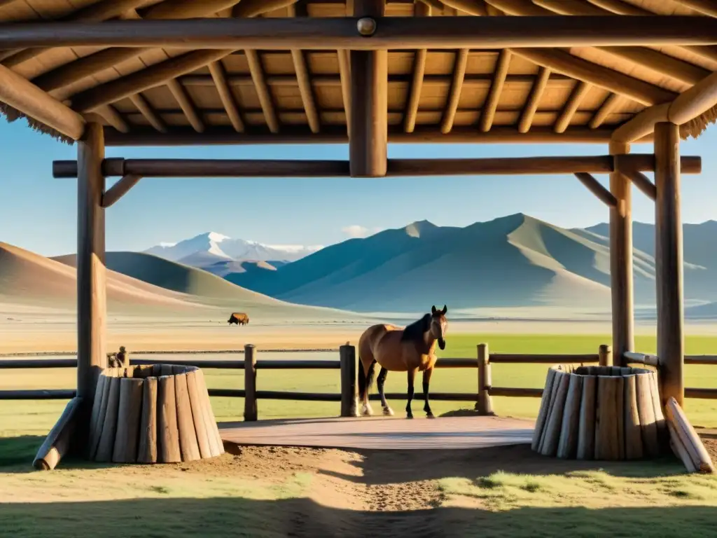 Detalle de una estación de Yams mongolas bien conservada con paisaje vasto y sereno al atardecer