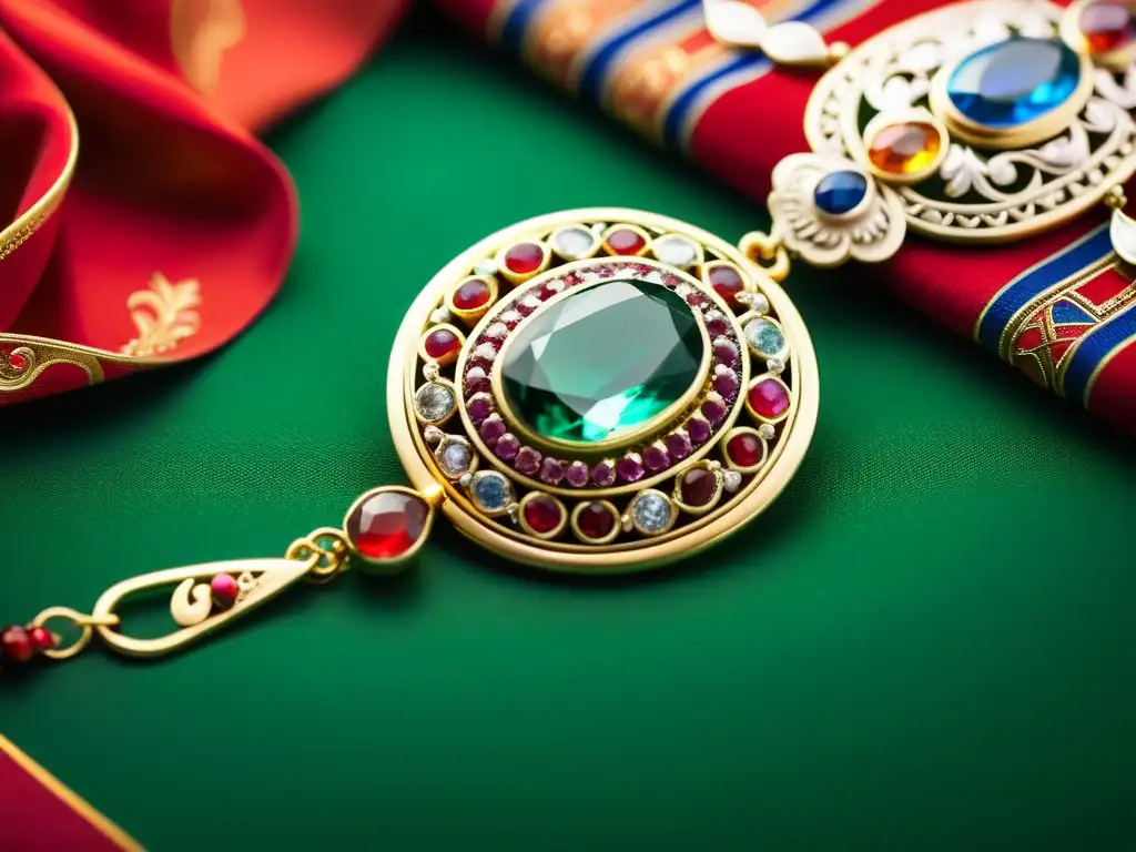 Detalle de una exquisita joyería mongola con ornamentos y gemas, reflejando su rica artesanía y valor cultural