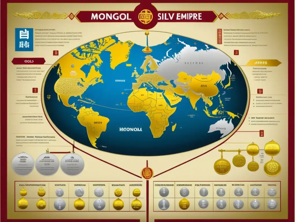 Detalle del gráfico comparativo de la economía del Imperio Mongol con uso histórico de oro y plata en rutas comerciales, monedas y artefactos ceremoniales, destacando su importancia cultural, religiosa y económica