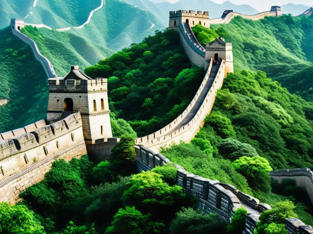 Detalle de la Gran Muralla China, mostrando la intrincada fragmentación de hábitats fortificaciones mongolas en contraste con la naturaleza exuberante