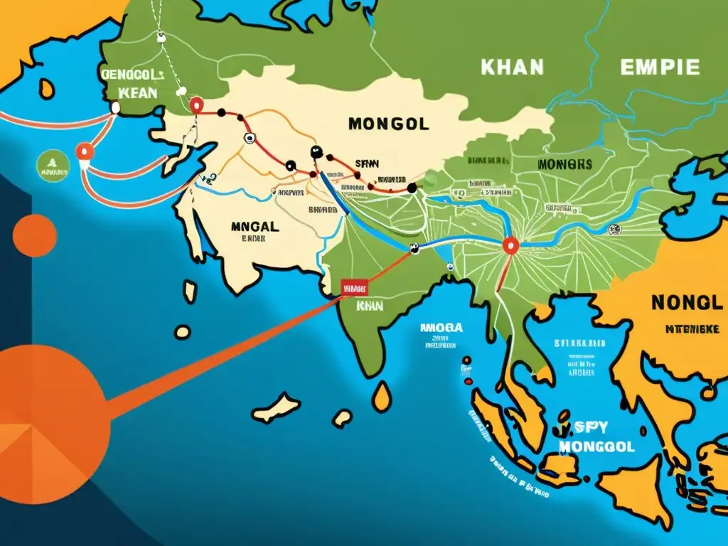 Detalle ilustrado del complejo entramado de espionaje en conquistas mongolas, con mapas, espías y operaciones encubiertas