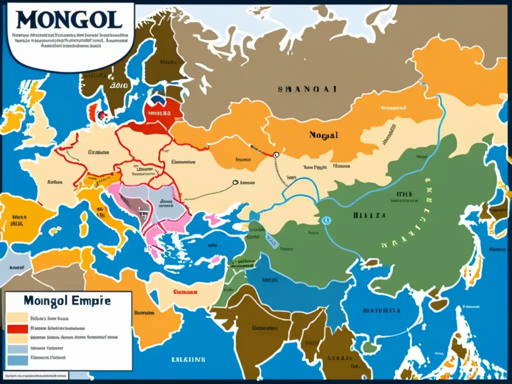 Detalle ilustrado del mapa del apogeo del Imperio Mongol, con colores terrosos y líneas punteadas de rutas de expansión detenidas