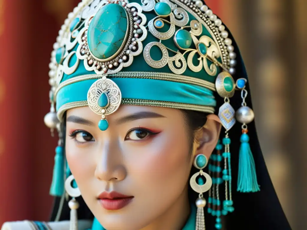 Detalles de filigrana y turquesa en tocado mongol Detalle de la importancia de los adornos en la indumentaria mongola, con filigranas de plata y turquesa resaltando la artesanía y cultura