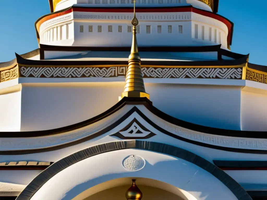 Detalles impresionantes de la Estupa Blanca de Genghis Khan Detalle de la impresionante Estupa blanca Genghis Khan, resaltando su textura y simbolismo cultural en la luz y sombra
