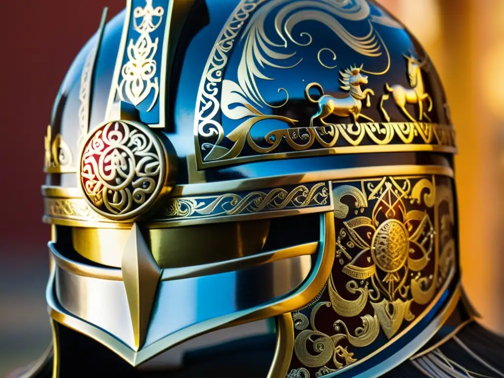 Detalle impresionante del casco de guerrero mongol, con adornos de oro que reflejan su historia y tradición cultural