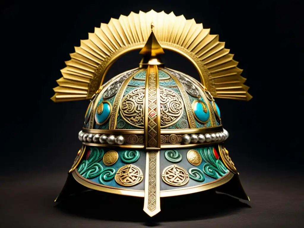 Detalle impresionante del casco de un guerrero mongol, mostrando la artesanía y la historia de los objetos personales del Imperio Mongol