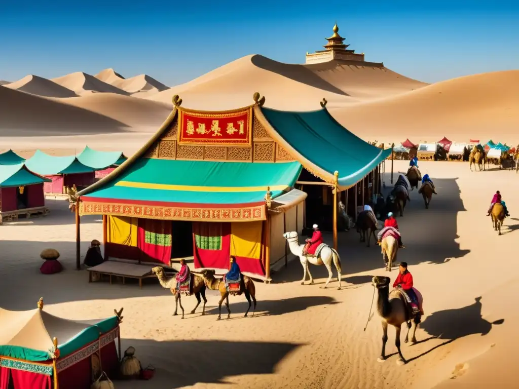 Vibrante intercambio cultural en la Ruta de la Seda Detalle impresionante del comercio en el Imperio Mongol Ruta de la Seda, con mercaderes y paisajes áridos