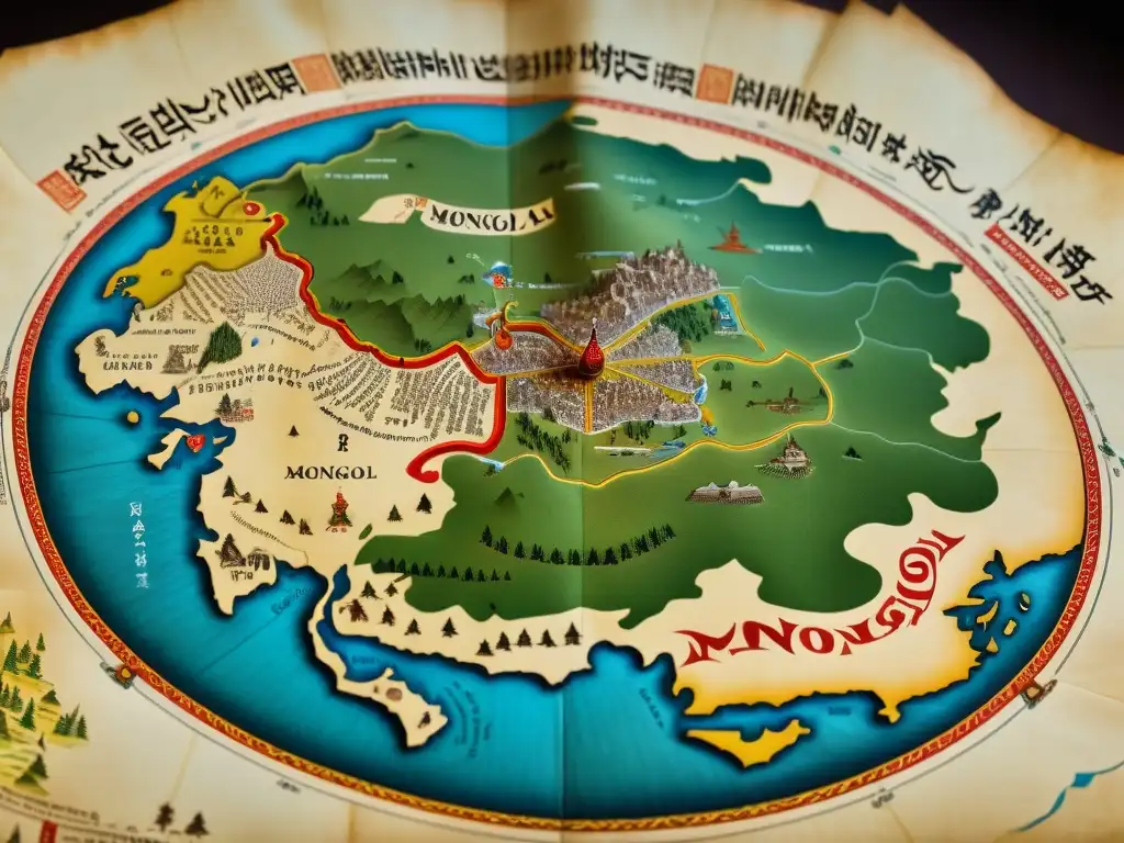 Detalle impresionante del mapa antiguo del Imperio Mongol, legado de exploración y mapeo detallado con colores vibrantes y caligrafía intrincada