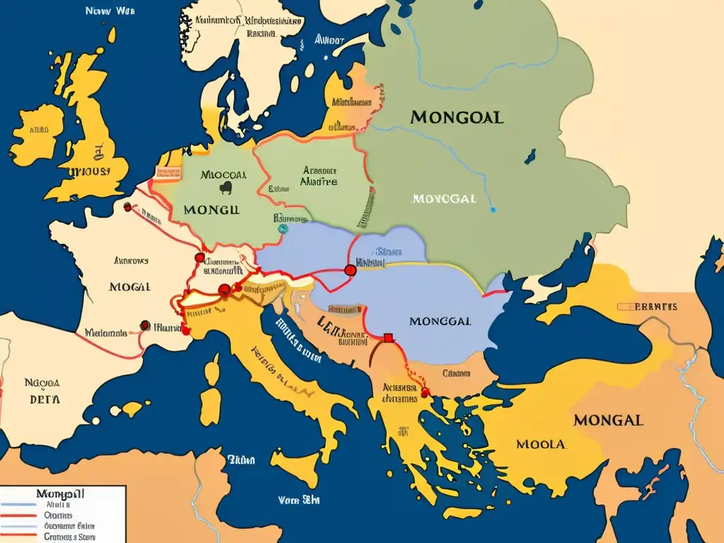 Detalle impresionante de un mapa que muestra la expansión mongola hacia Occidente, con ciudades, rutas y batallas marcadas en detalle