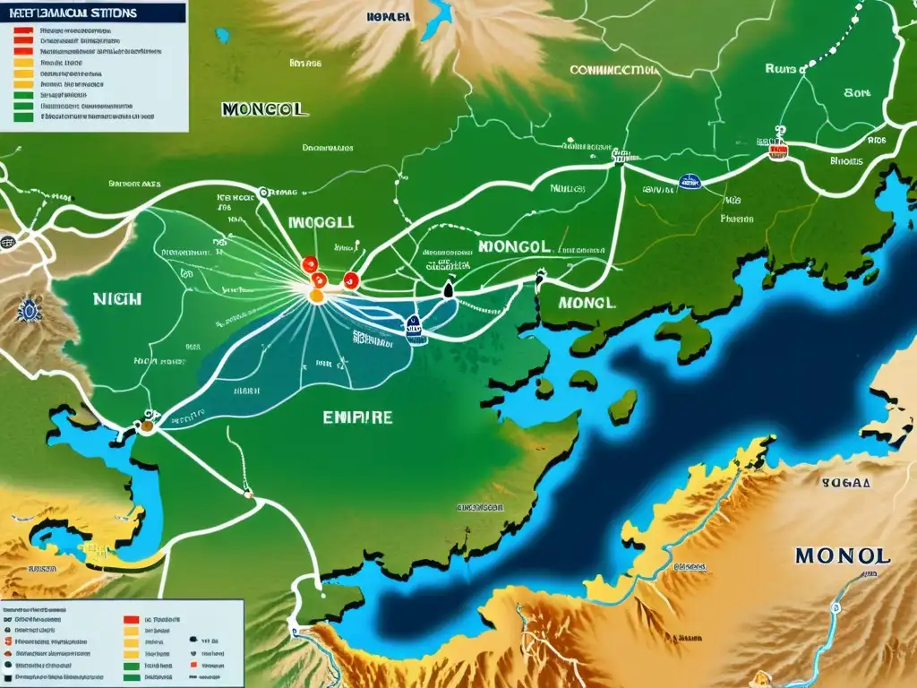 Detalle impresionante del mapa del Sistema de señales Imperio Mongol en 8k, mostrando estaciones clave y rutas de comunicación