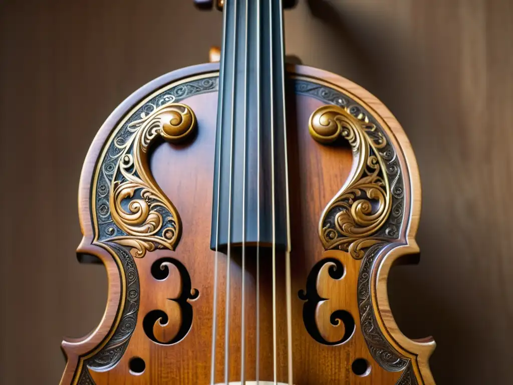 Detalle impresionante de un Morin Khuur iluminado por la cálida luz natural, en el Festival de música Morin Khuur en Mongolia