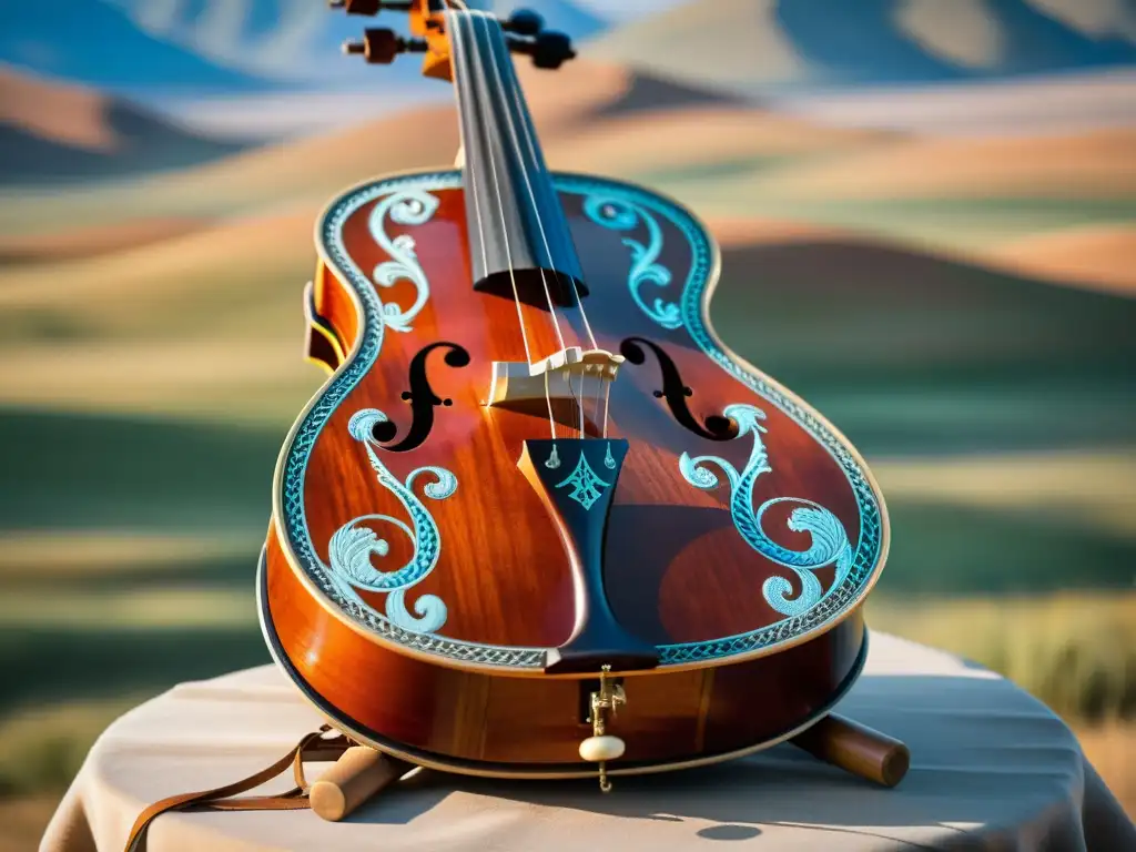 Detalle impresionante de la morin khuur mongola, reflejando el arte y la música nómada de Mongolia en su máximo esplendor