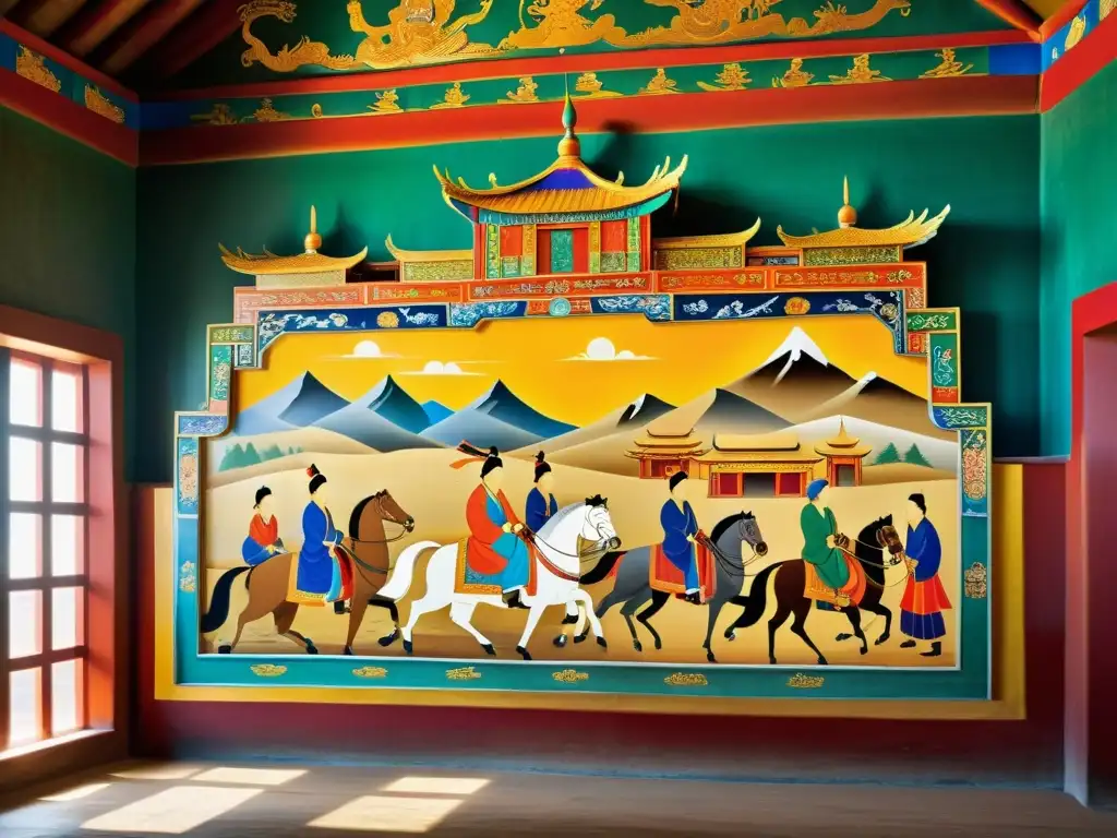 Detalle impresionante de un mural en un templo mongol, capturando la rica historia y cultura